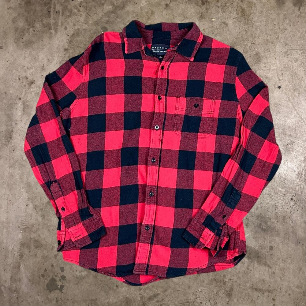Aeropostale Buffalo Plaid Flannel Button-Up Shirt Top Black & Red Mens Size M